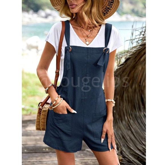 Rouge! Pants - Cotton Navy Blue Short Romper Overalls Tie Straps Front Pockets
